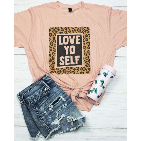 LOVE YO SELF leopard T-shirt, Peach - Picture 1 of 6